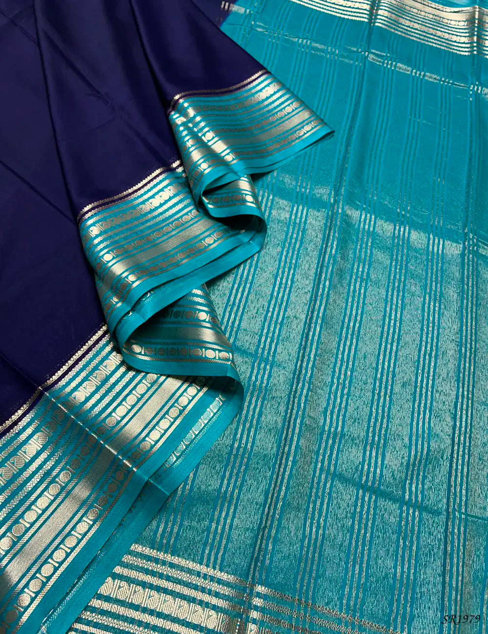 Ink Blue & Rama Blue - Mysore Crepe Saree Pallu View