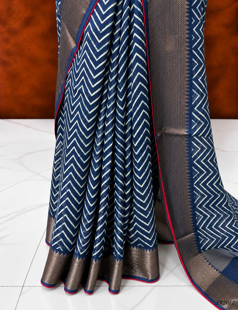 Ink Blue & Red - Pure Chanderi Saree Pallu View