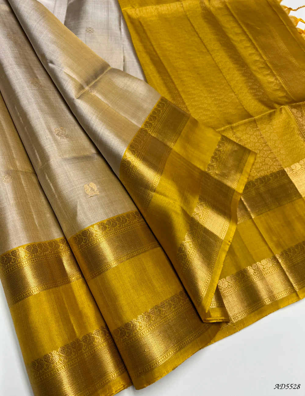 Ivory & Yellow - Retta Pet Border soft Silk Saree Front View