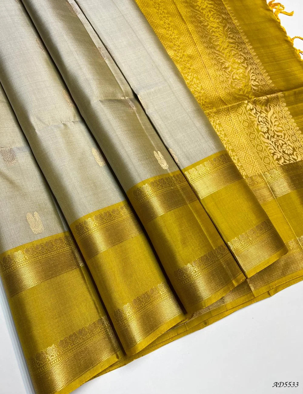 Ivory & Yellow - Retta Pet Border soft Silk Saree Front View