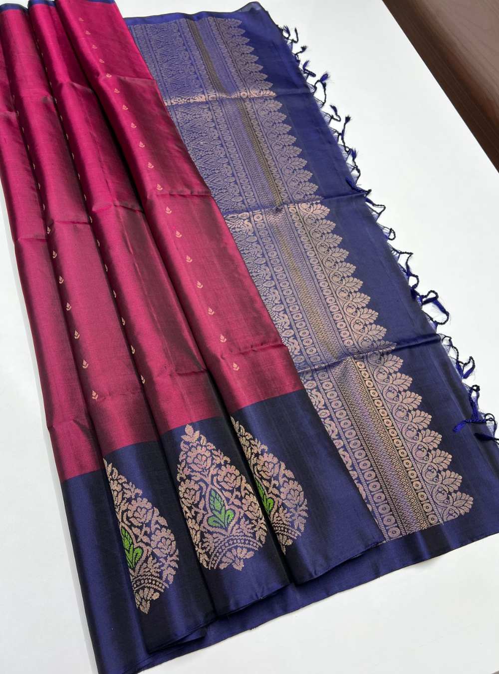 Jammun and Navy Soft Silk Saree with fancy design and gold zari motifs, festive wear.