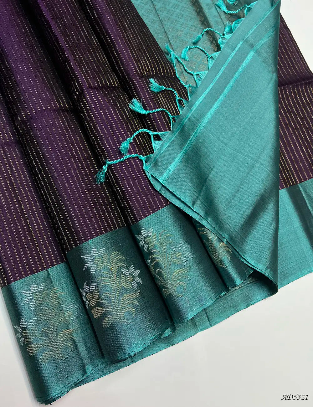 Jamun & Cadet Blue - Fancy Border Soft Silk Saree Pallu View