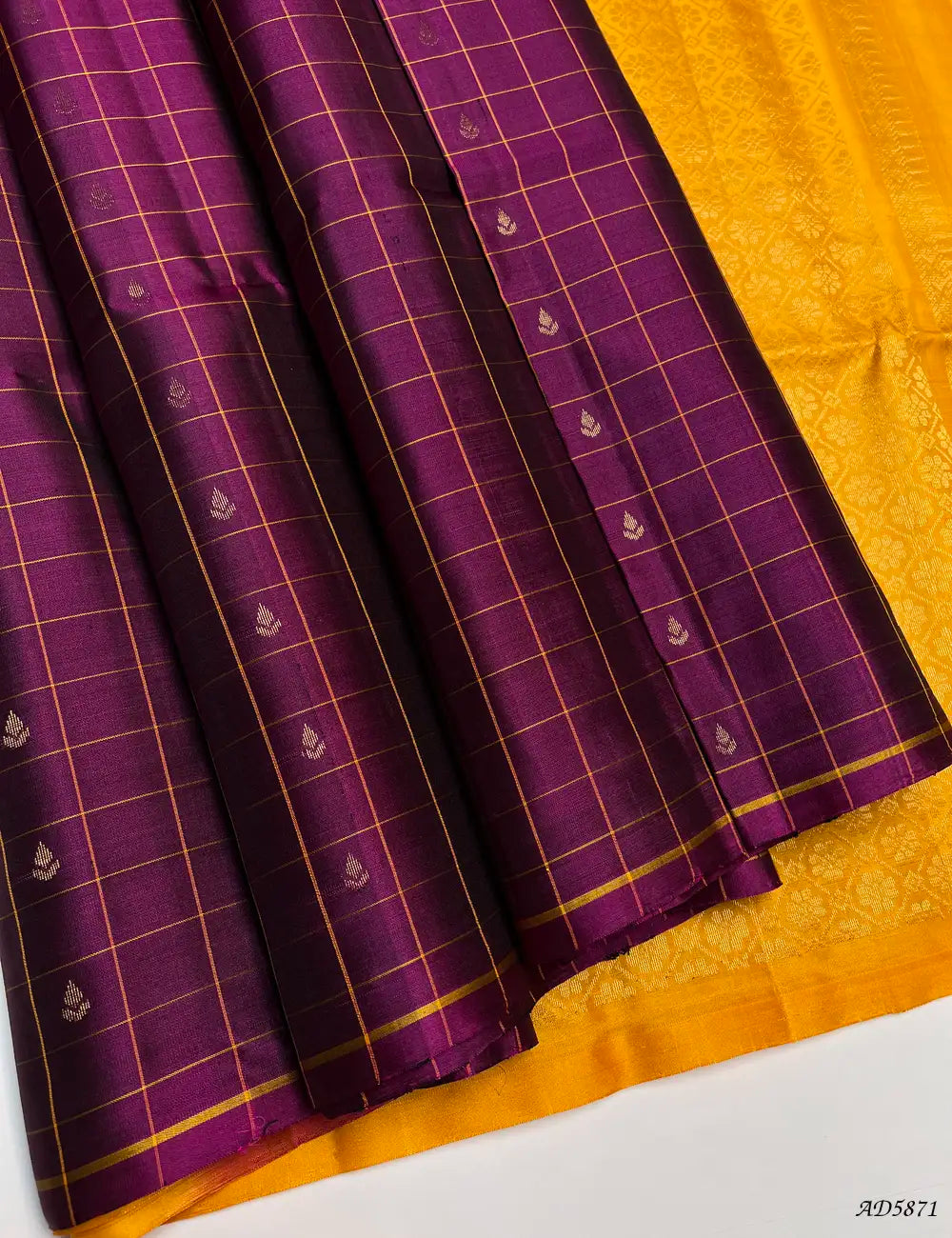 Jamun & Mango Yellow - Checkerd Soft Silk Saree Front View