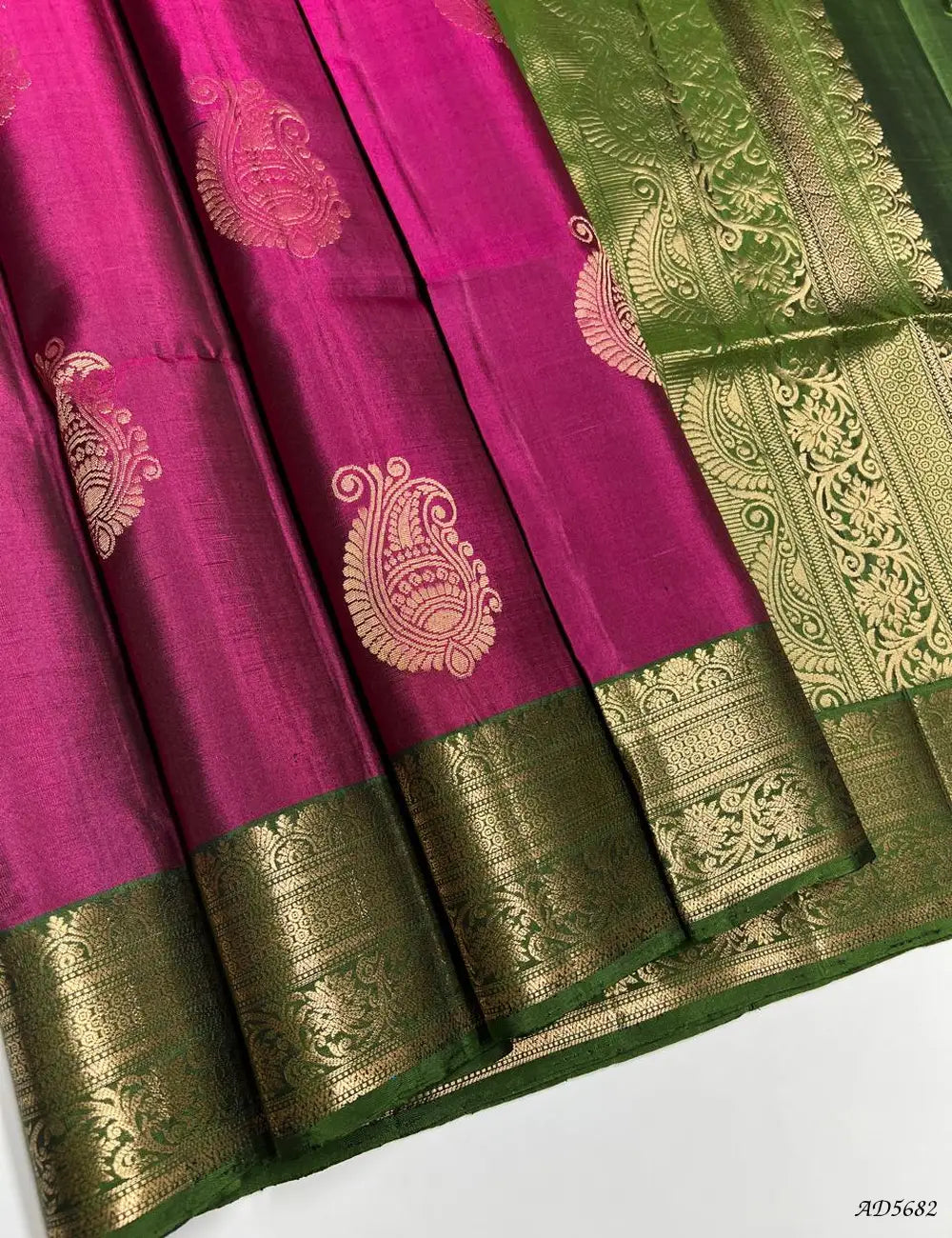 Jazzberry Jam & Moss Green - Kanchi Border Soft Silk Saree Front View