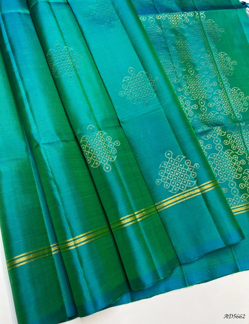 keppel Green - Kolam Soft Silk Saree Front View