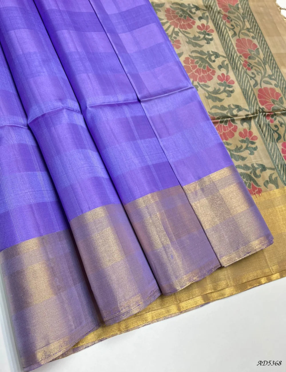 Lavender & Beige - Checkered Soft Silk Saree Front View