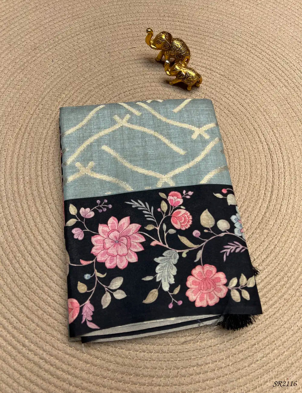 Light Blue & Black - Tussar X Kalamkari Saree Front View