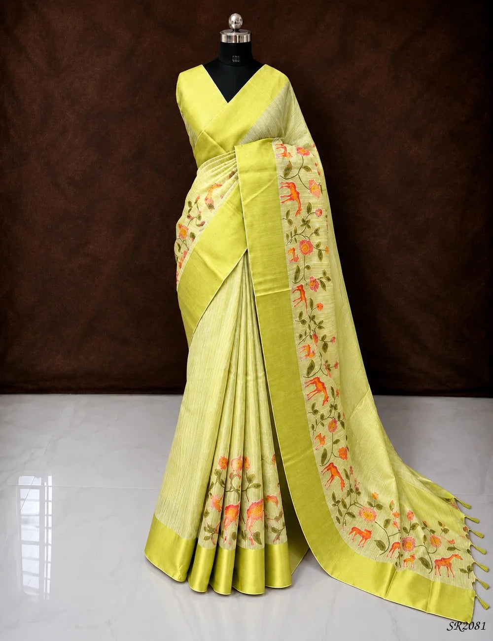 Light Olive Green - Silk X Linen Saree Front View