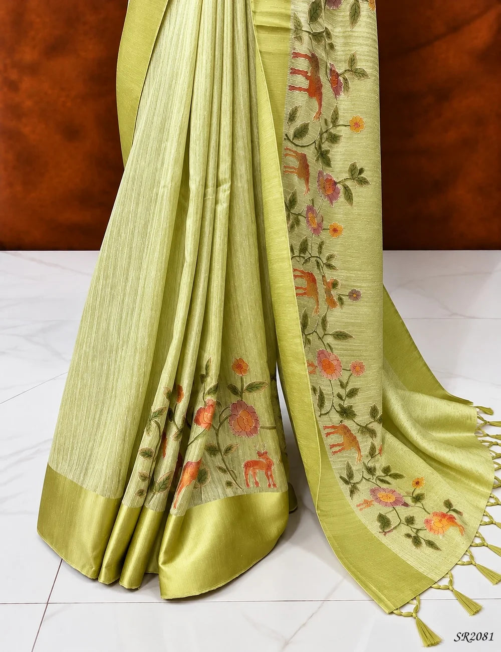 Light Olive Green - Silk X Linen Saree Pallu View