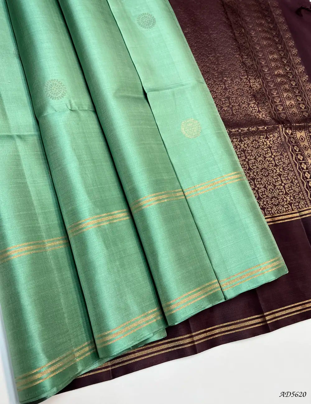 Light Pista Green & Coffee Brown - Soft Silk Saree Front View