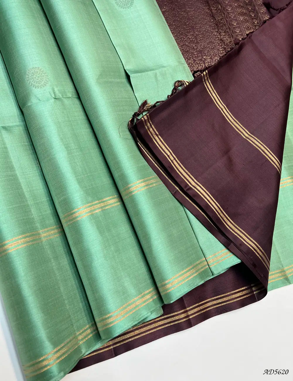 Light Pista Green & Coffee Brown - Soft Silk Saree Pallu View