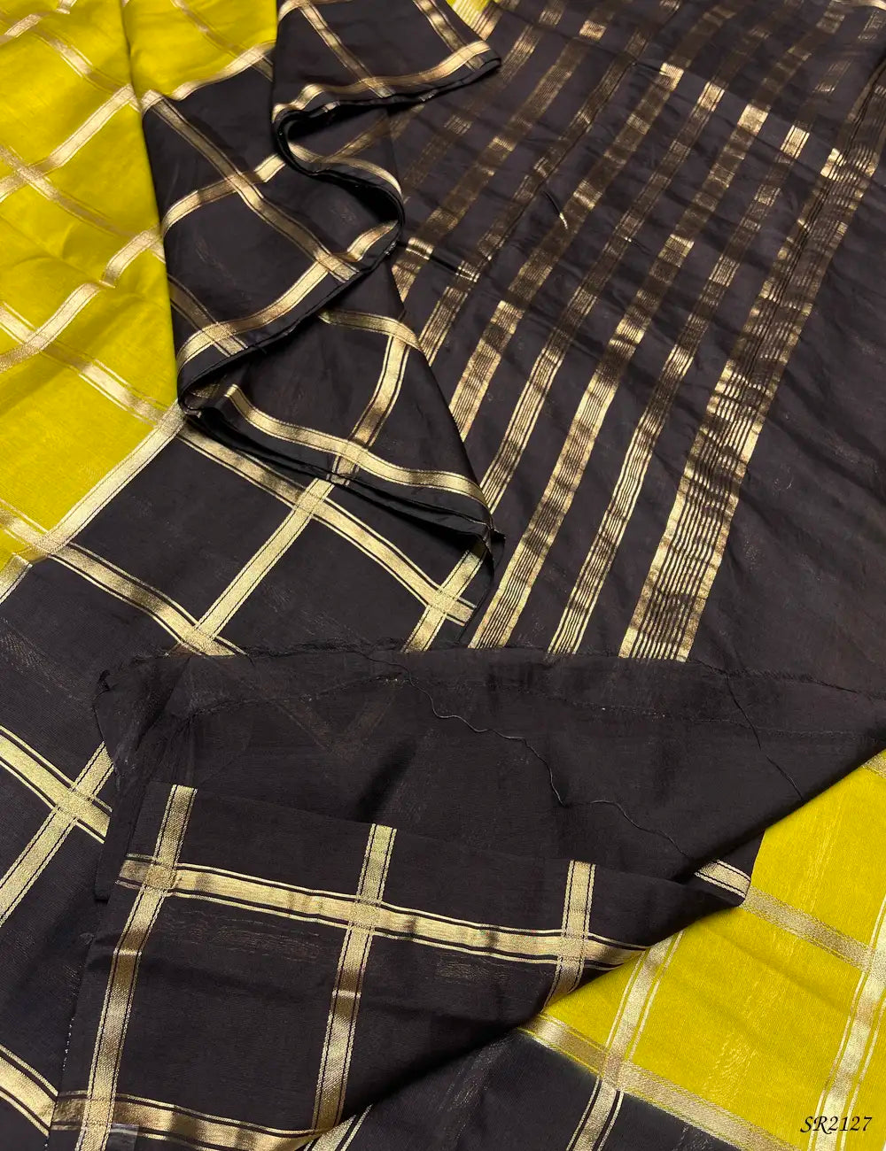 Lime Green & Black - Assam Silk Saree -