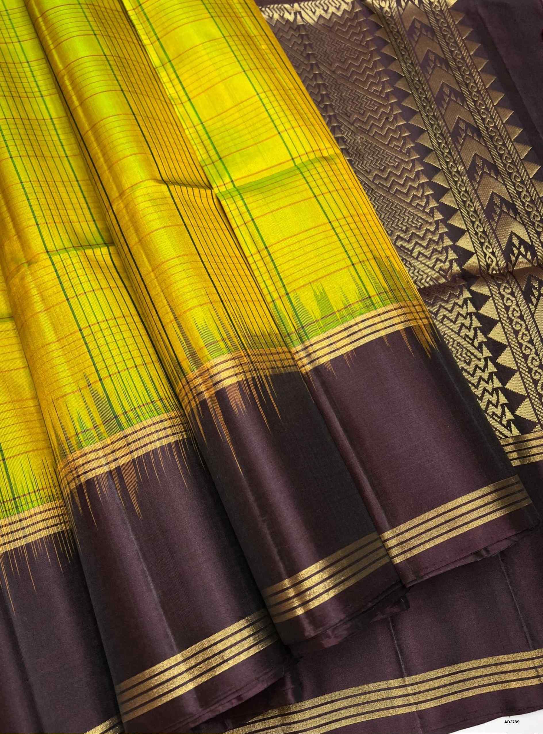 Lime Yellow and Coffee Brown Checkered Soft Silk Saree with gold zari motifs