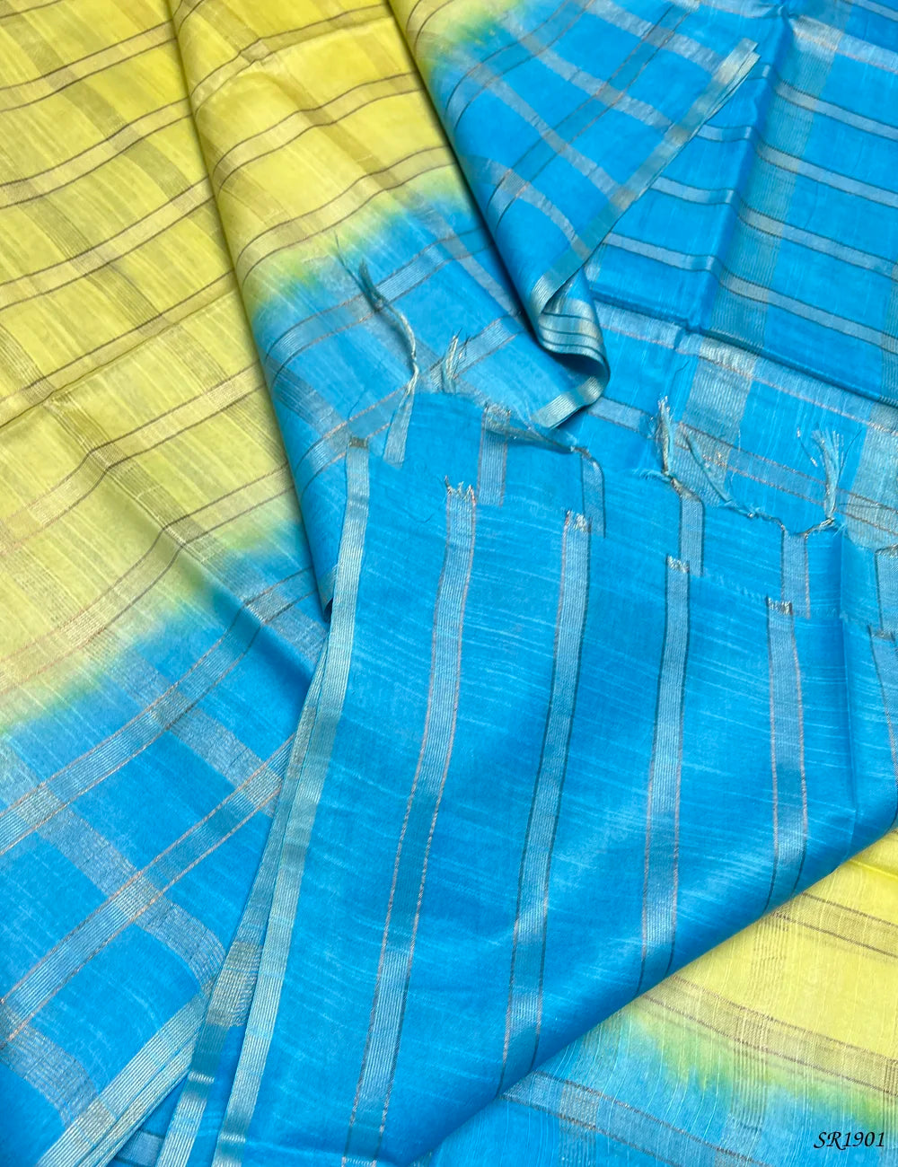 Lime Yellow & Sky Blue - Semi Tussar Saree Pallu View