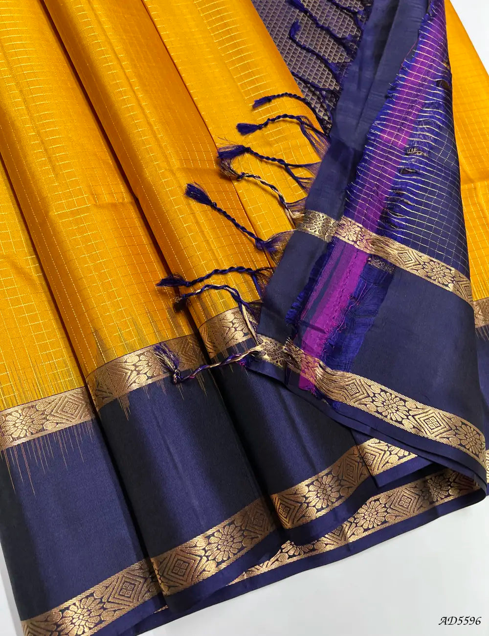 Mango Yellow & Ink Blue - Checkerd Retta Pet Soft Silk Saree Pallu View