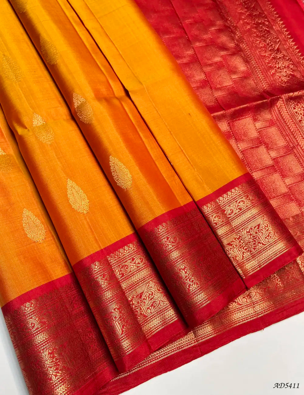 Mango Yellow & Red - Kanchi Border Soft Silk Saree Front View