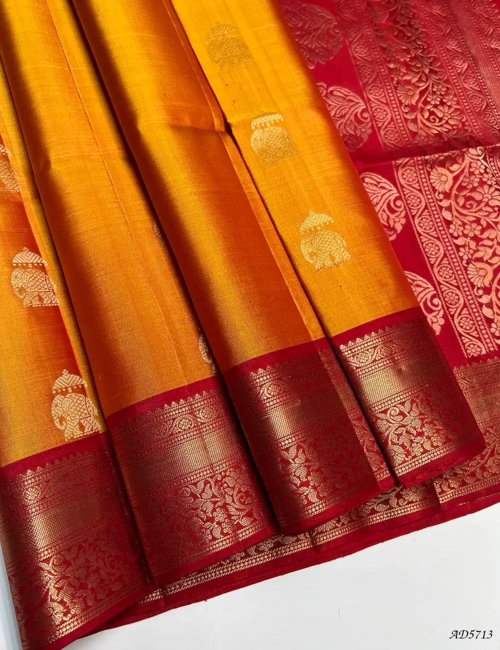 Mango Yellow & REd - Kanchi Border Soft Silk Saree Front View
