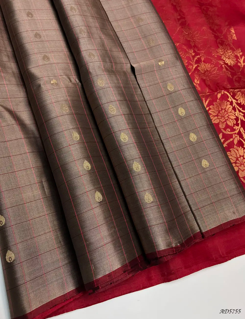 Maple Brown & Red - Checkerd Soft Silk Saree Front View