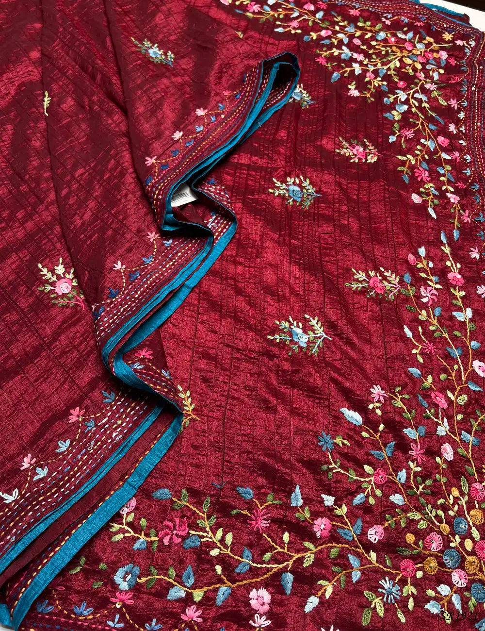 Maroon - Fancy Kantha Stitch Saree Pallu View