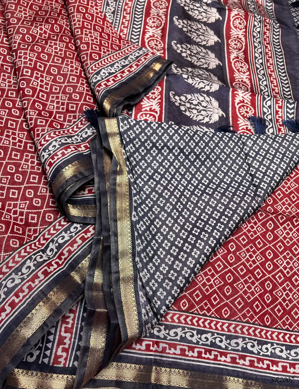 Maroon & Ink Blue - Chanderi Saree -