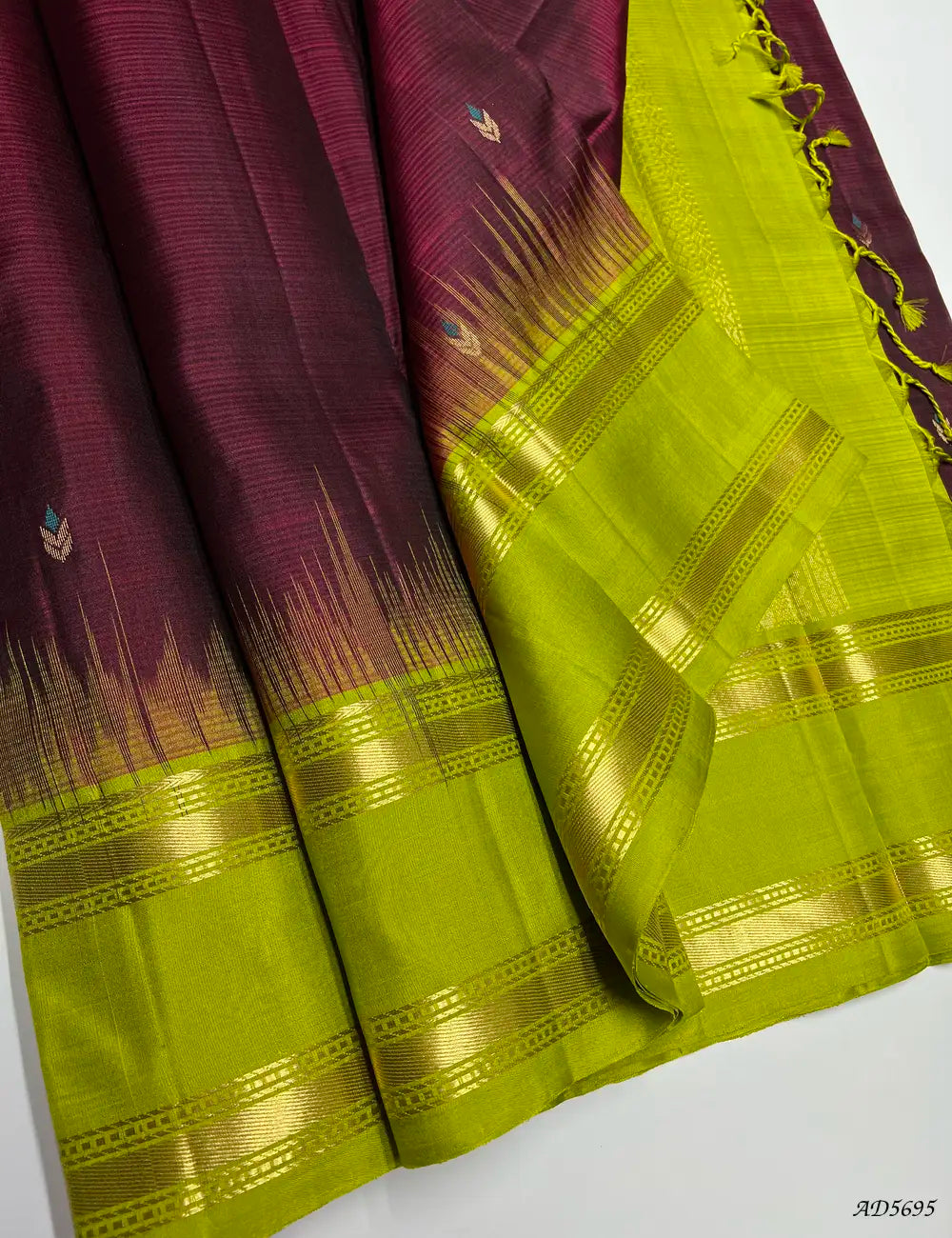 Maroon & Parrot Green - Retta Pet Border Soft Silk Saree Front View