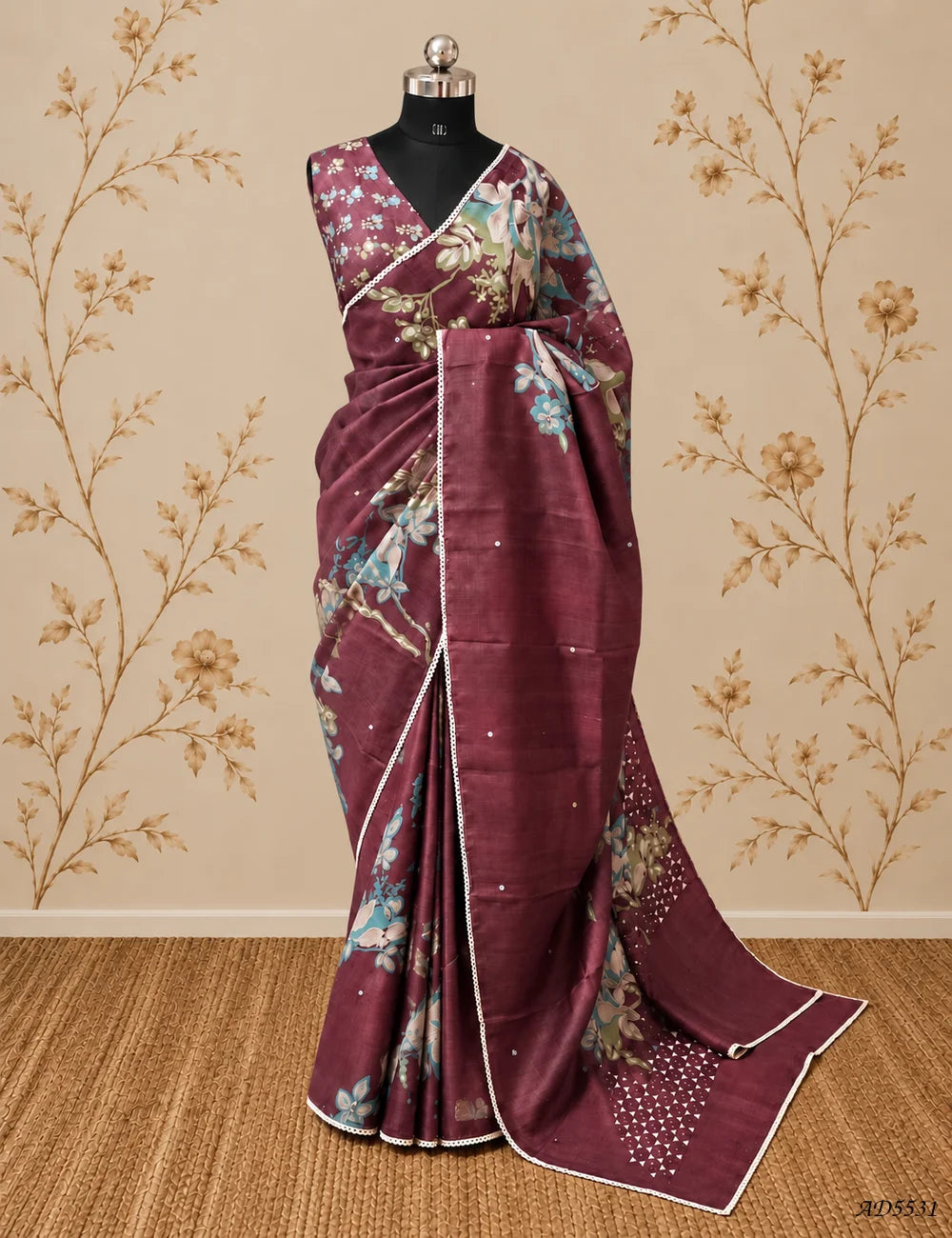 Maroon - Pure Tussar With Fancy Cutwork Saree Front View