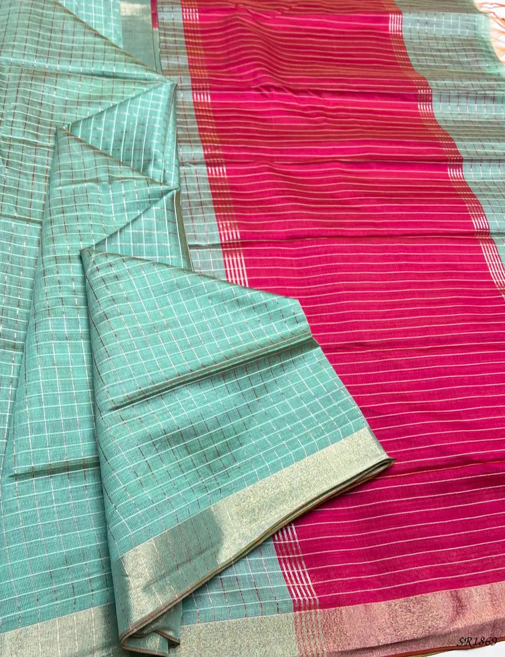 Mint Green & Pink - Fancy Semi Tussar Saree Front View