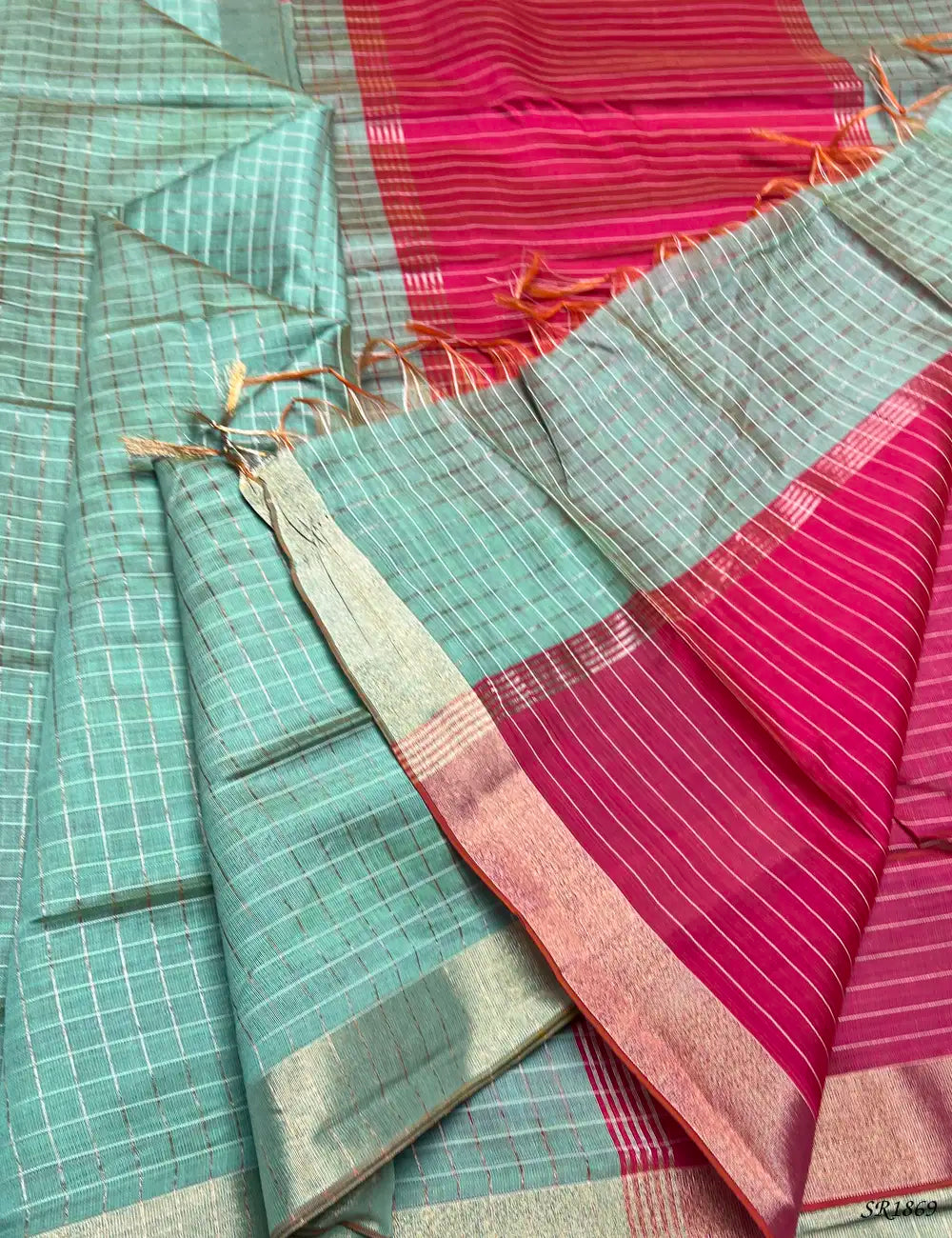 Mint Green & Pink - Fancy Semi Tussar Saree Pallu View
