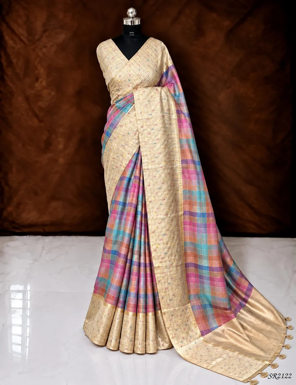 Multi Color & Ivory Cream - Semi Tussar Saree Front View