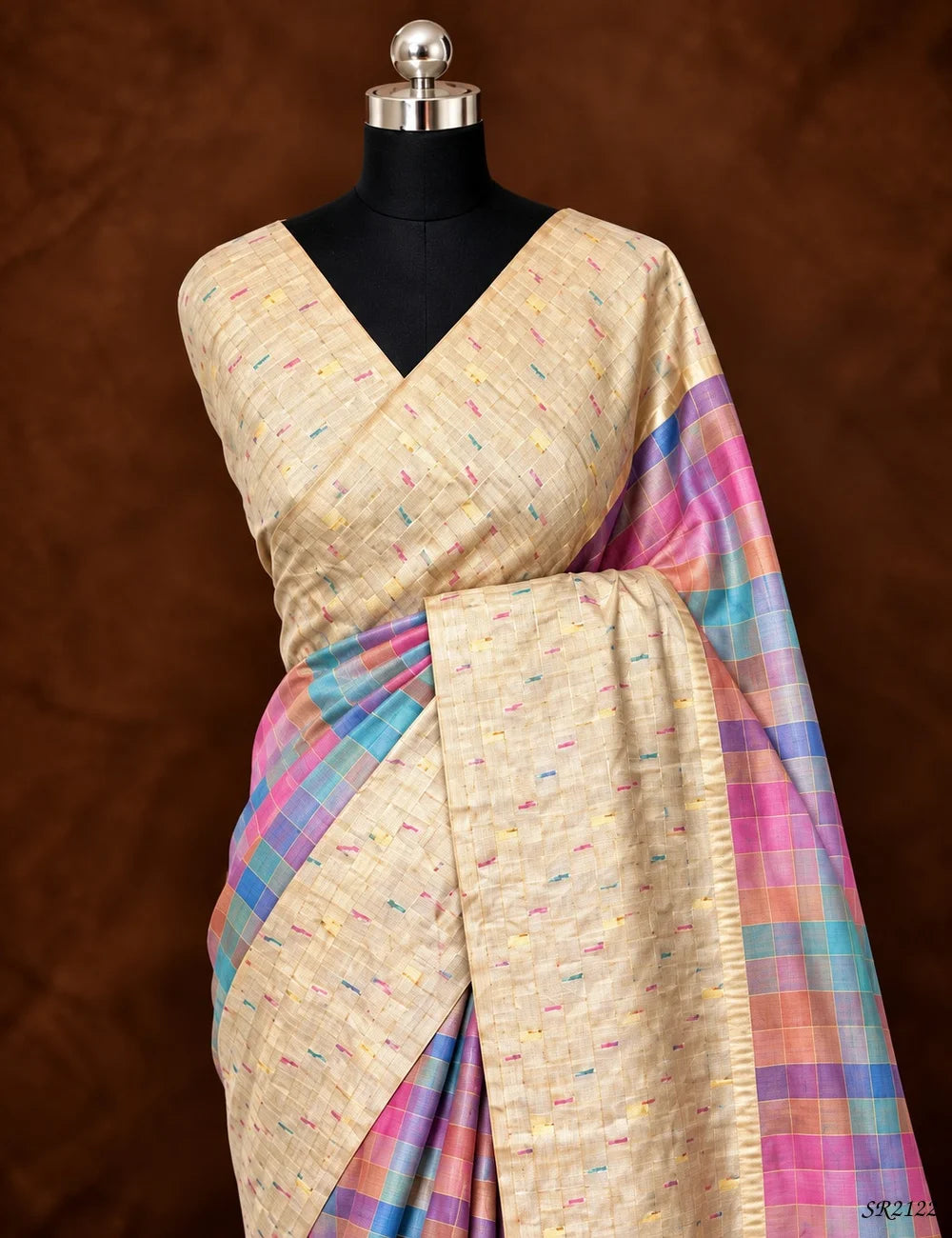 Multi Color & Ivory Cream - Semi Tussar Saree Pallu View