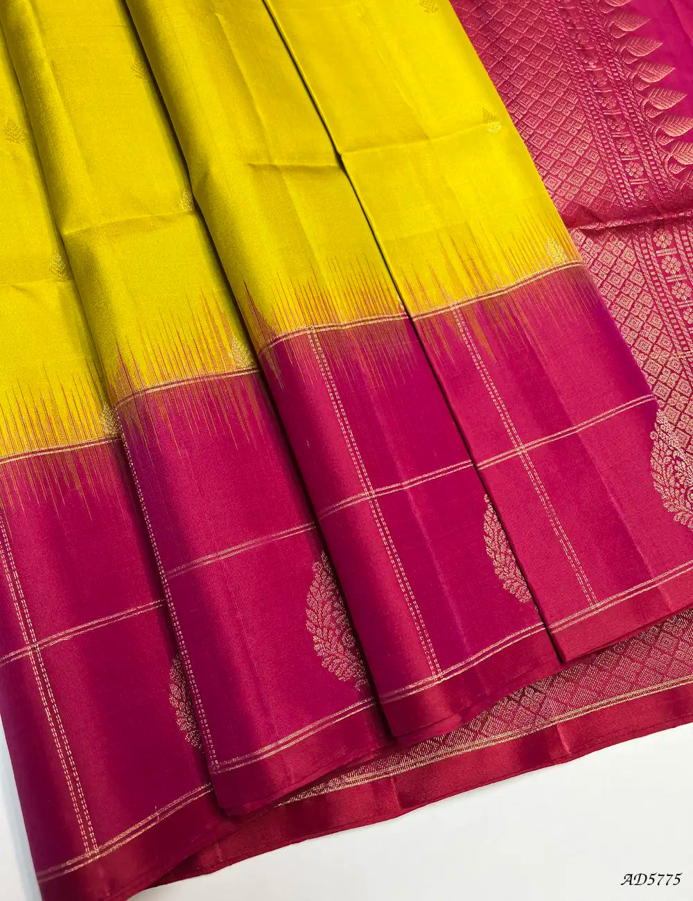 Mustard Yellow & Reddish Pink - Fancy Border Soft Silk Saree Front View