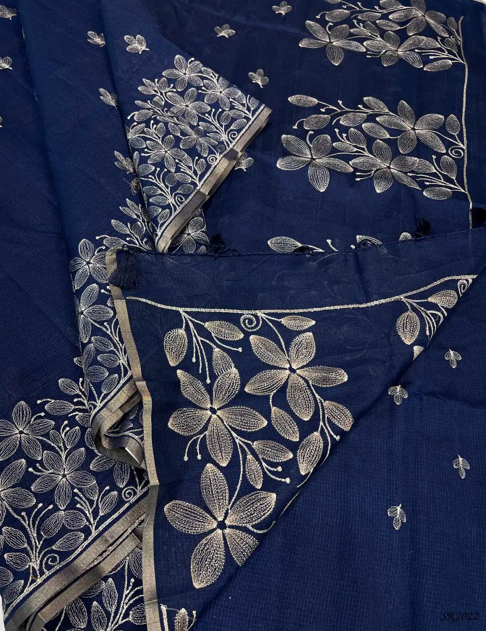 Navy Blue - Kota With Embroidery Saree -