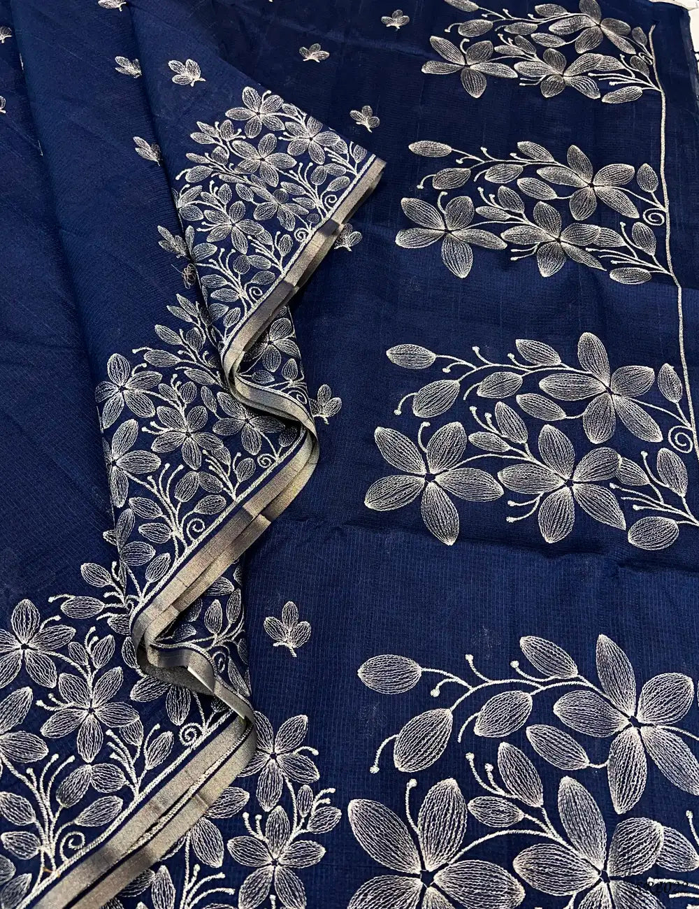 Navy Blue - Kota With Embroidery Saree Pallu View