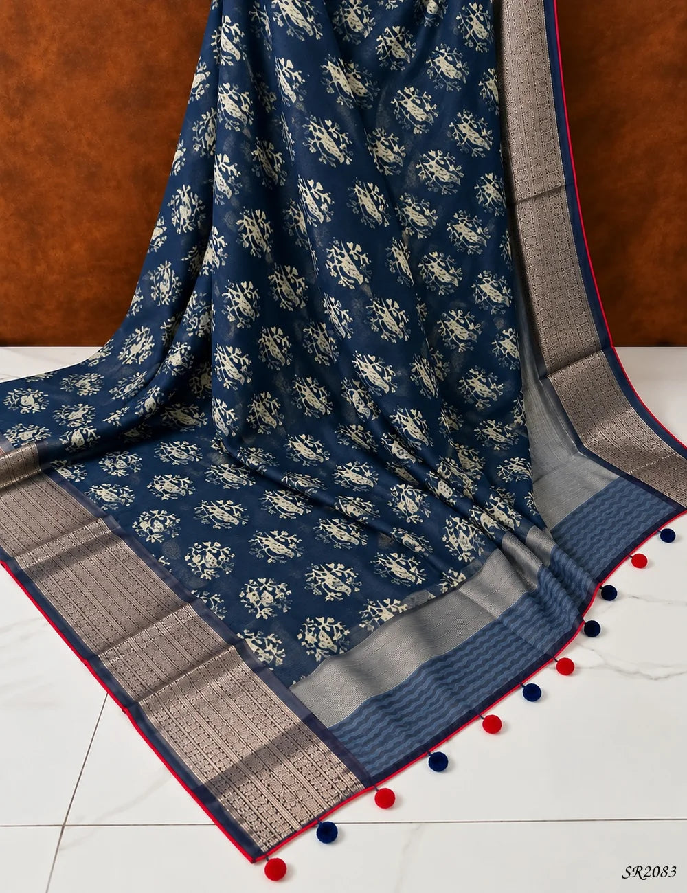 Navy Blue & Red - Pure Chanderi Saree -