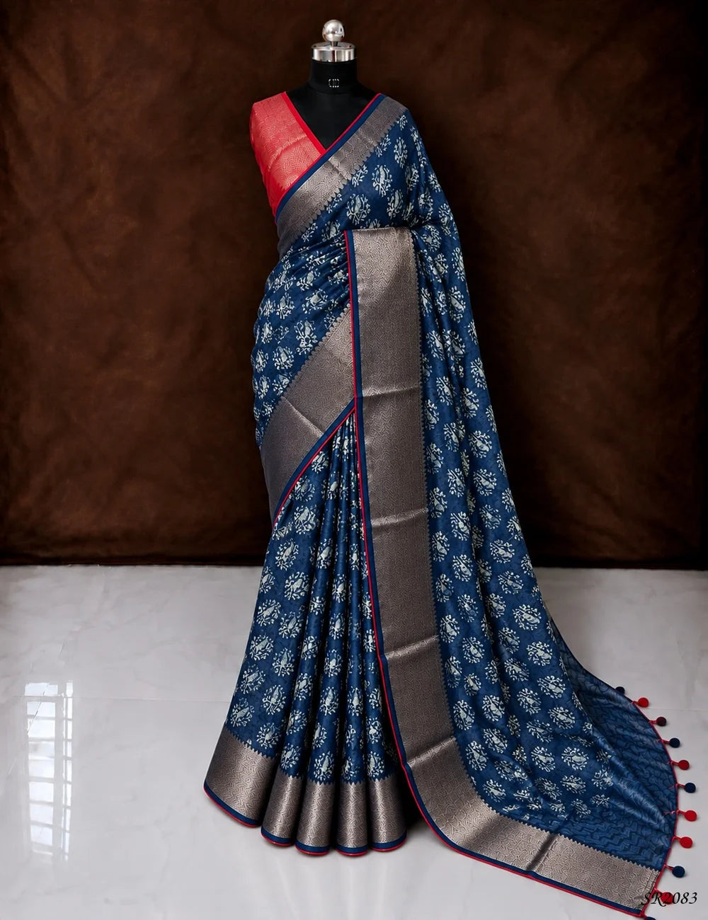 Navy Blue & Red - Pure Chanderi Saree Front View