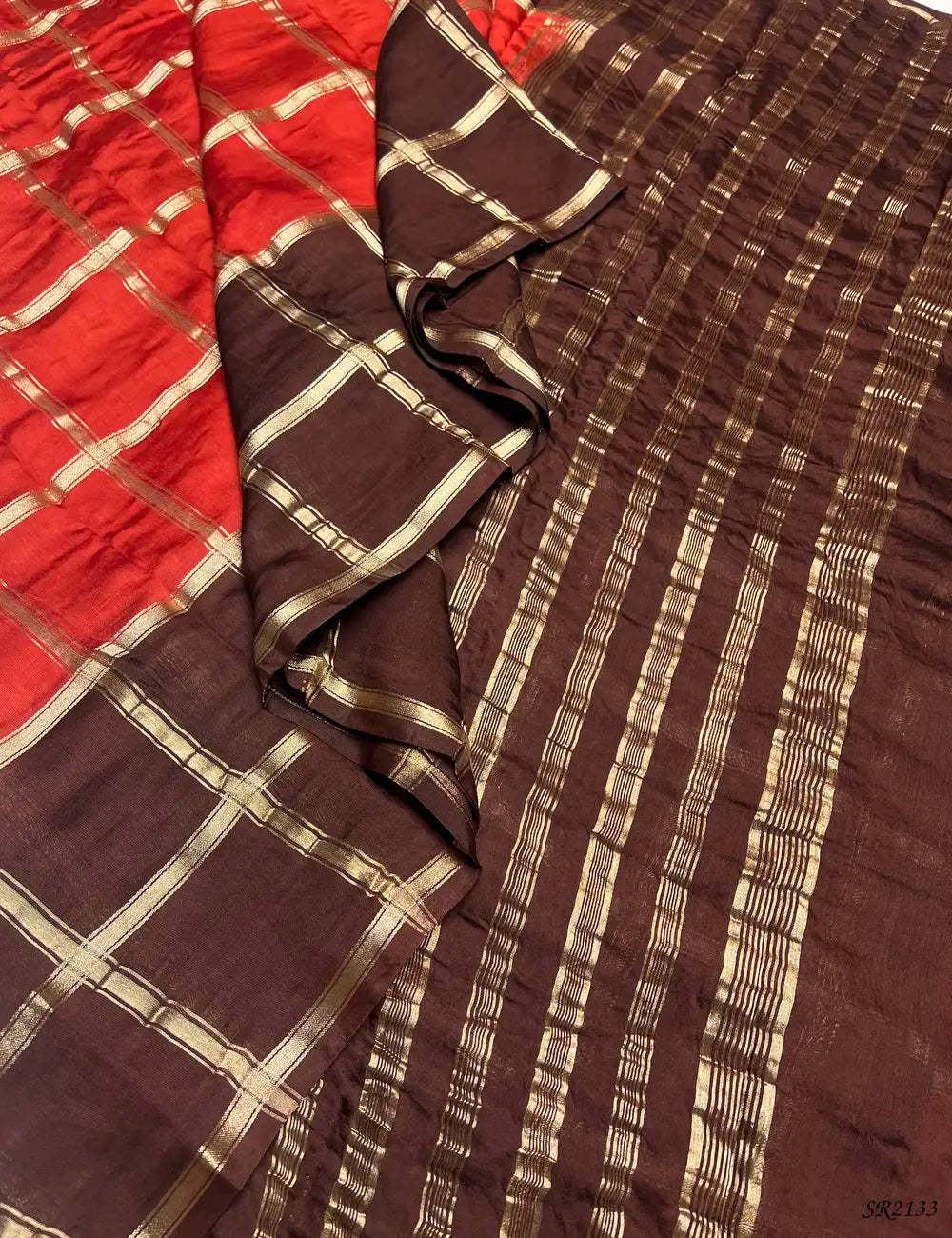 Orange & Coffee Brown- Assam Silk Saree Pallu View