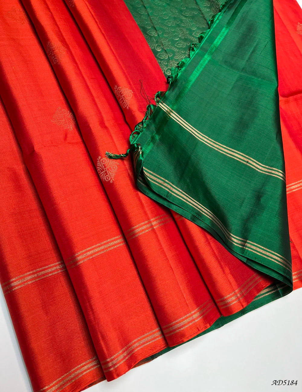 Orange & Green - Soft Silk Saree Pallu View