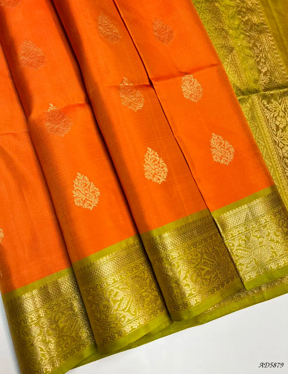 Orange & Olive Green - Kanchi Border Soft Silk Saree Front View