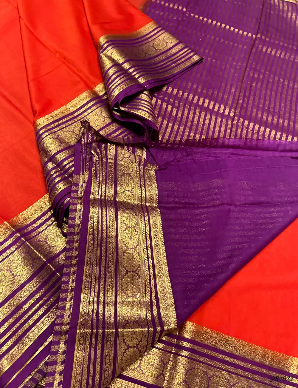 Orange & Purple - Mysore Crepe Saree -