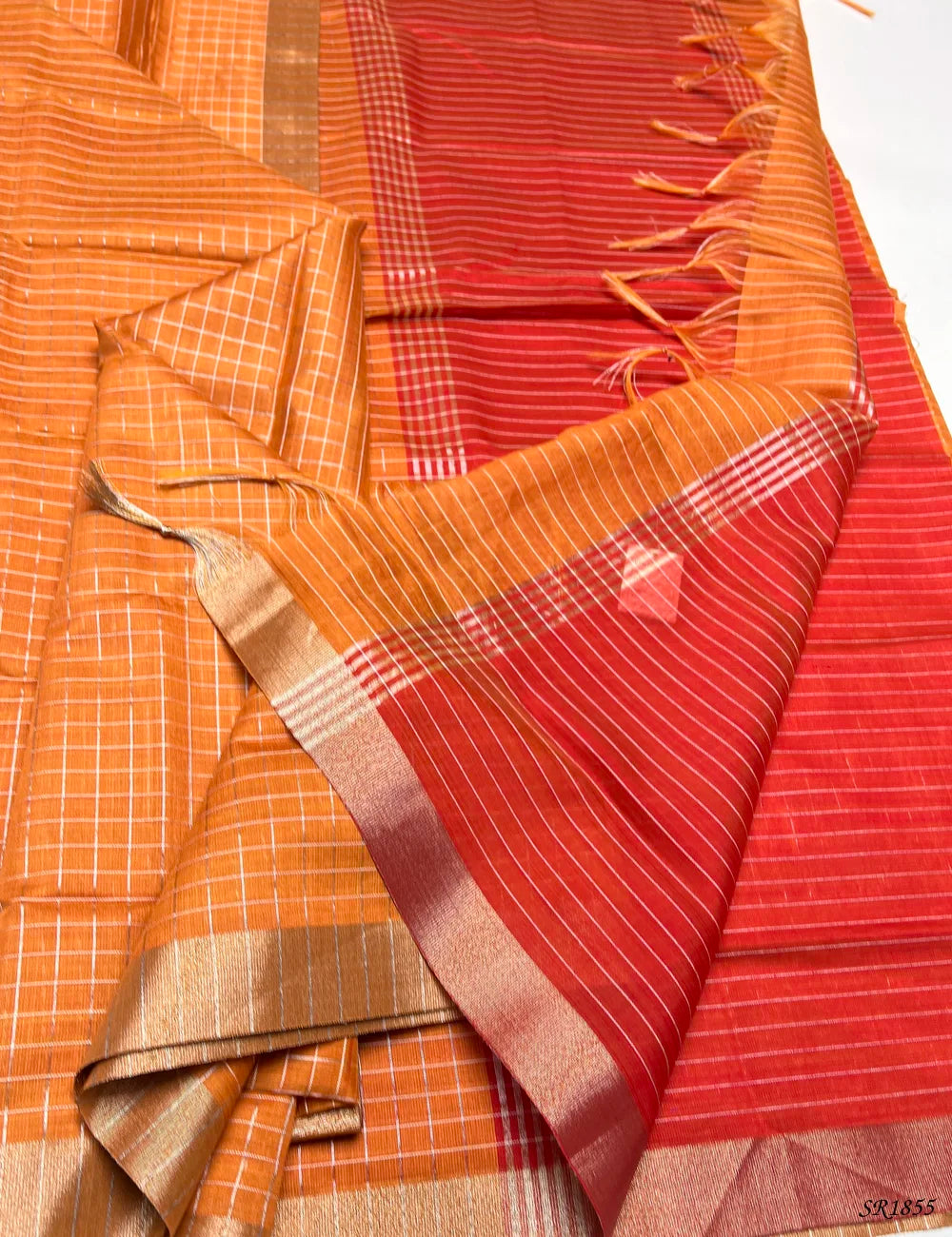 Orange & Red - Fancy Semi Tussar Saree Pallu View