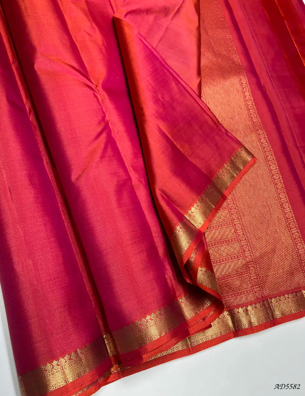 Orangish Pink - Plain Kanchi Border Soft Silk Saree Front View