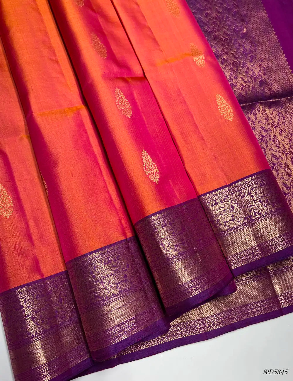 Orangish Pink & Purple - Kanchi Border Soft Silk Saree Front View