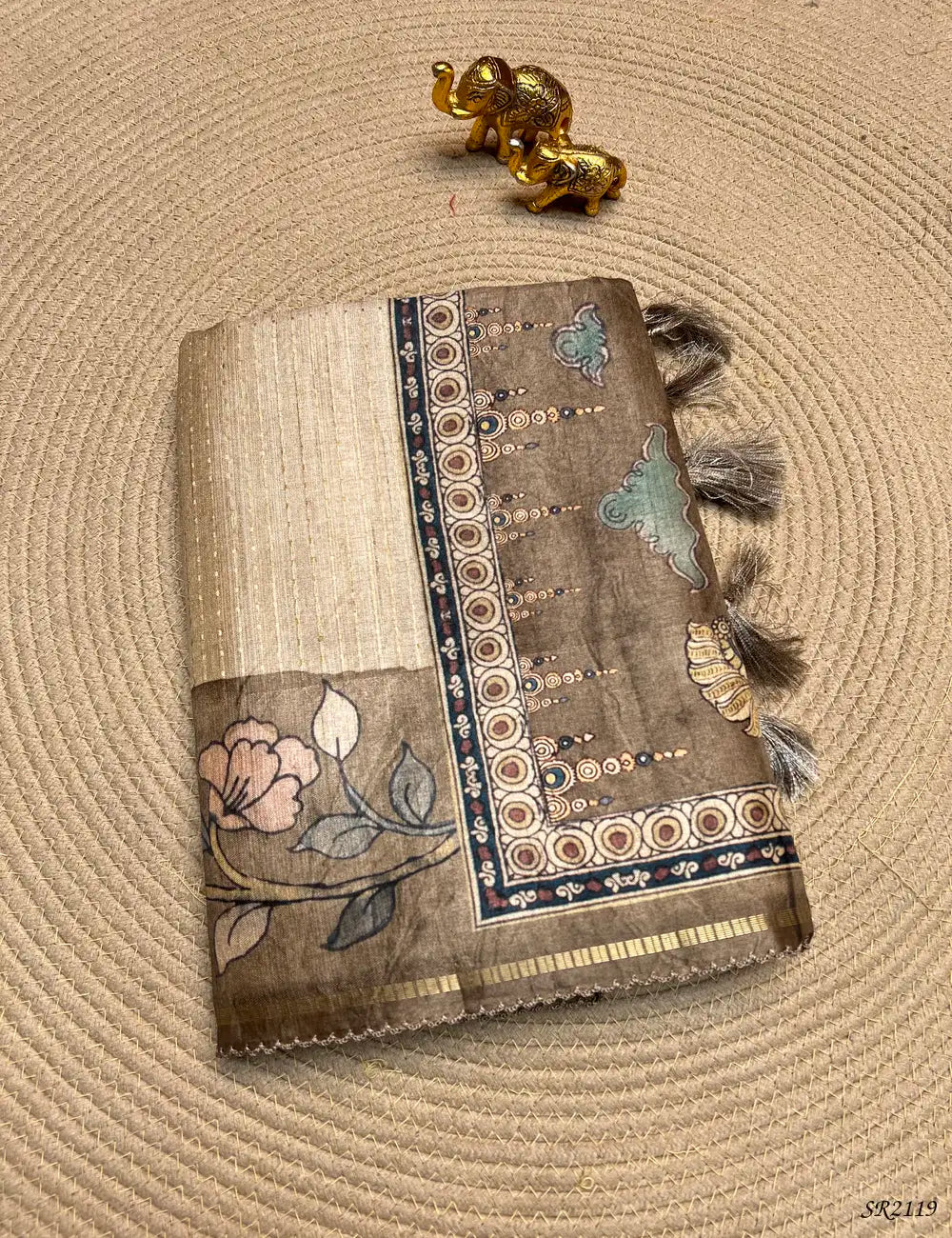 Pastel Cream & Olive Green - Ghicha Tussar Saree Front View