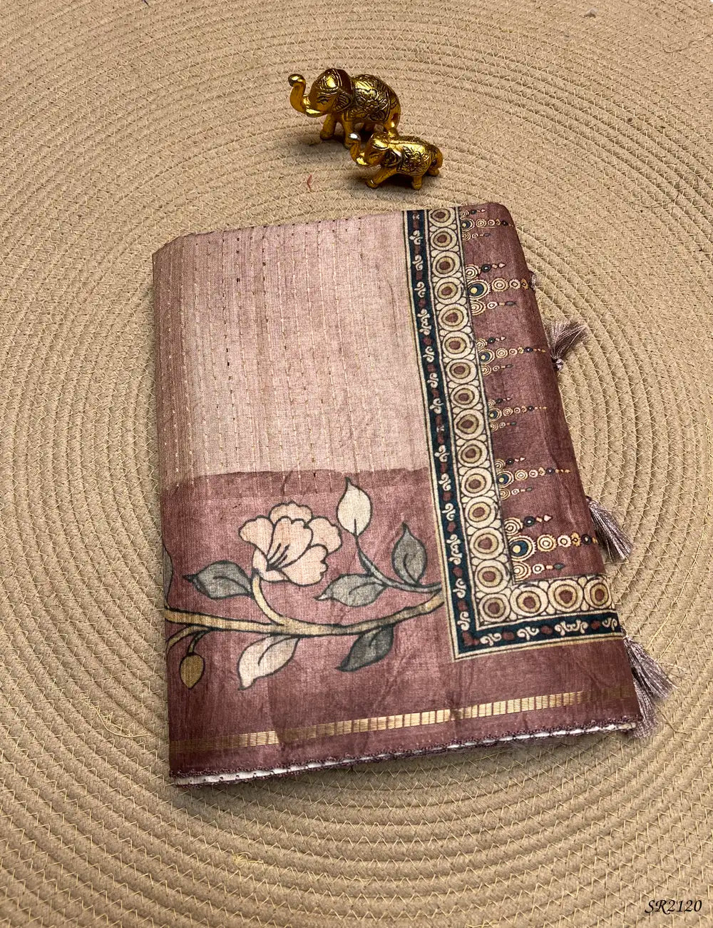 Pastel Cream Tan - Ghicha Tussar Saree Front View