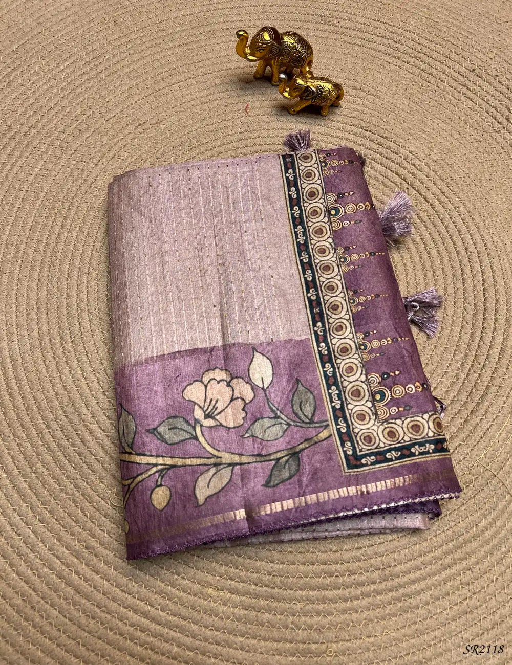 Pastel Pink & Lavender - Ghicha Tussar Saree Front View
