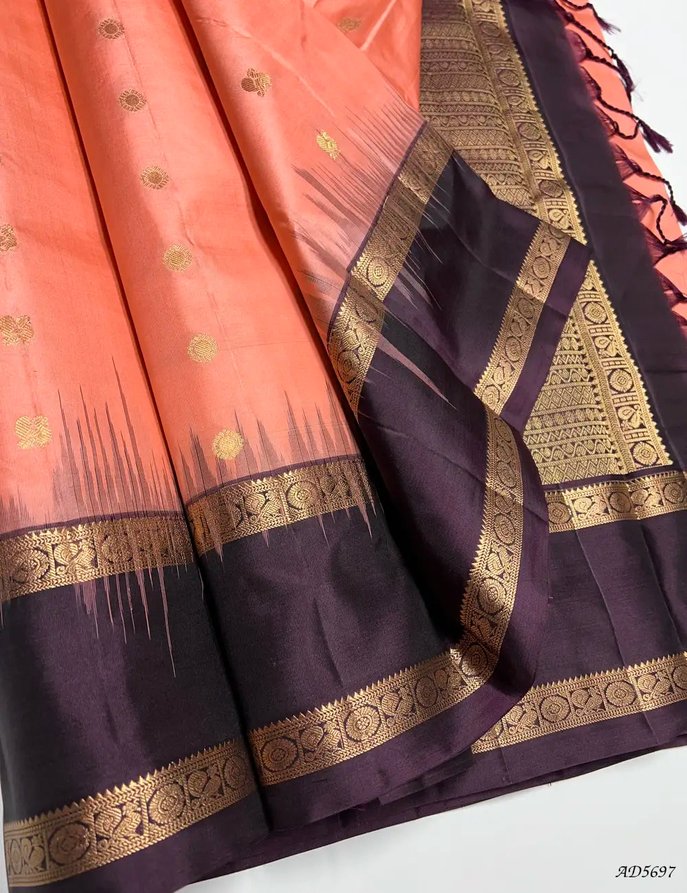 Peach & Wine - Retta Pet Border Soft Silk Saree Front View