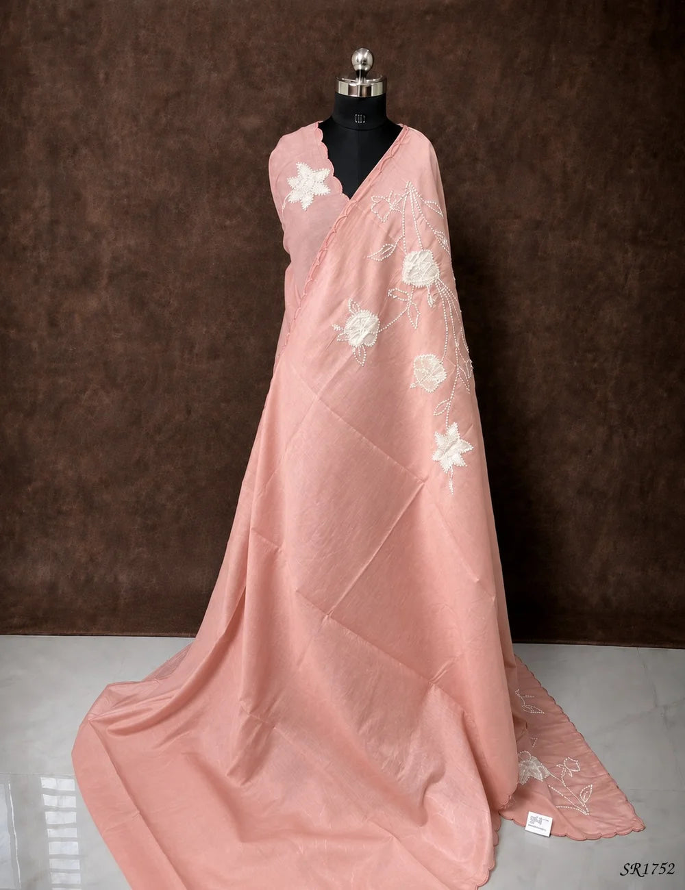 Peachish Pink - Chanderi Saree with Thread Work Front View