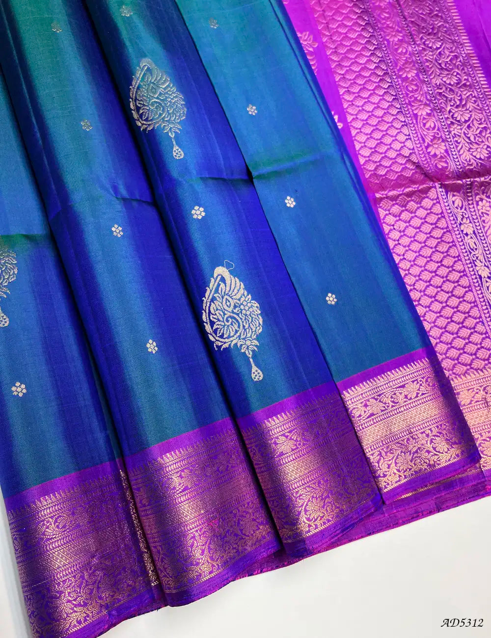 Peacock Blue & Dual Tone Purple - Kanchi Border Soft Silk Saree Front View