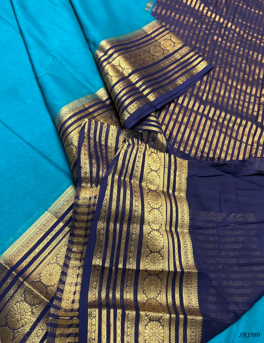 Peacock Blue & Ink Blue - Mysore Crepe Saree -