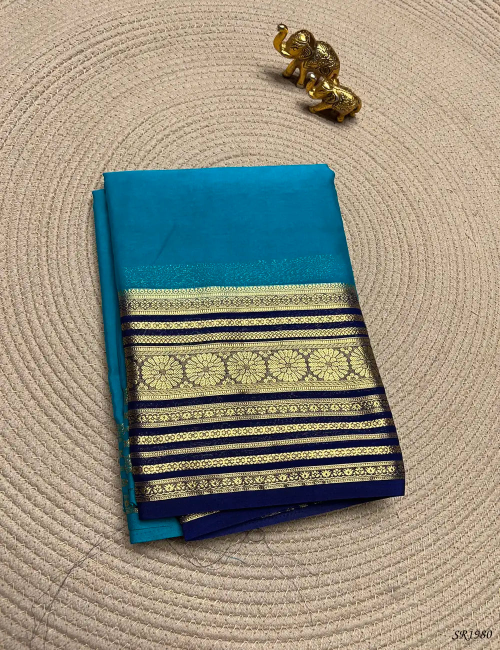 Peacock Blue & Ink Blue - Mysore Crepe Saree Front View